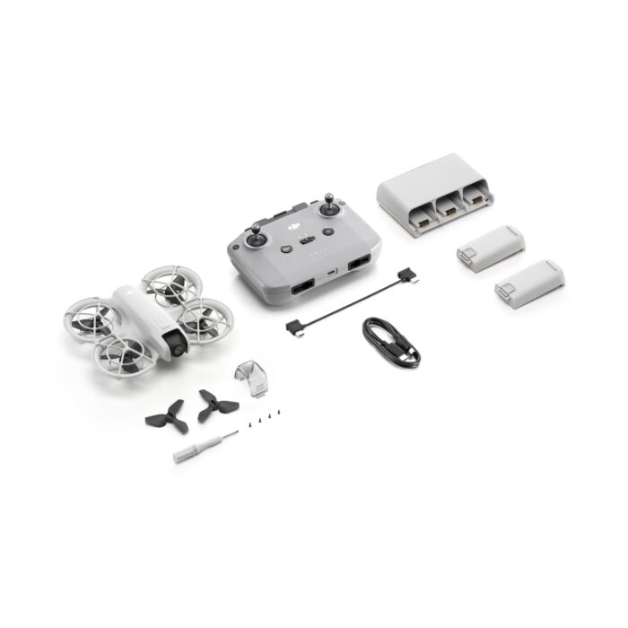 dji neo with 4 props equiped and 2 spare, screws and screwdriver, gimbal protector, the DJI RC N3, 2 way charging hub, 3 drone batteries, usb-c to usb-c cable