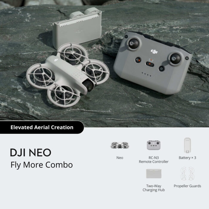 DJI neo, RC-N3 remote controller, 3 batteries, two way charging hub and propeller guards