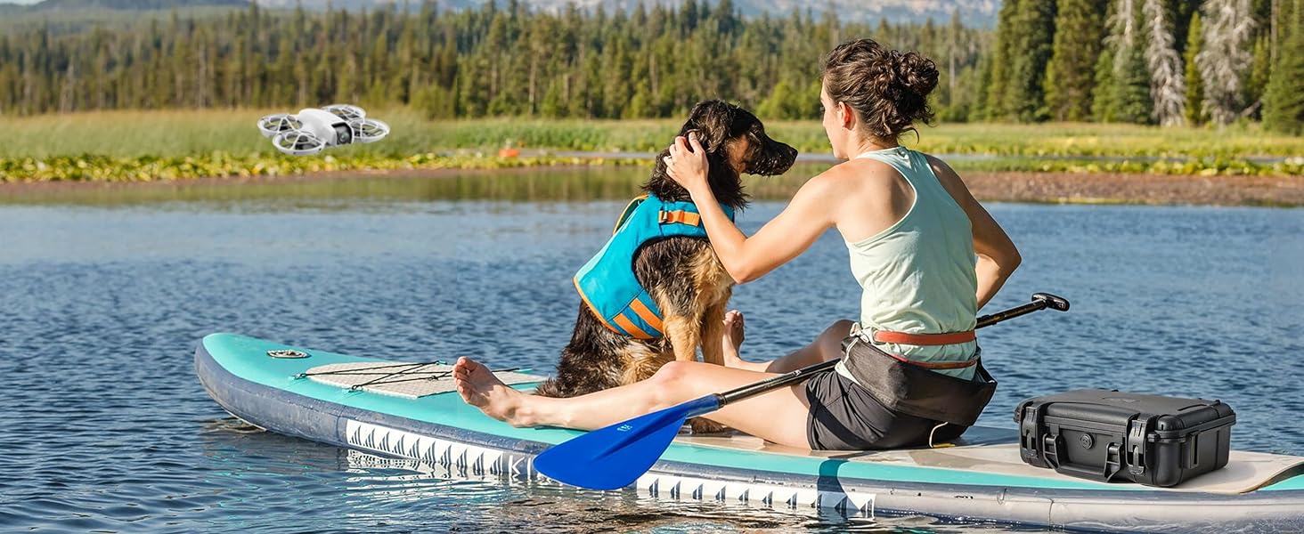 woman kayaking with her dog with the DJI Neo accessories safely secured in the case